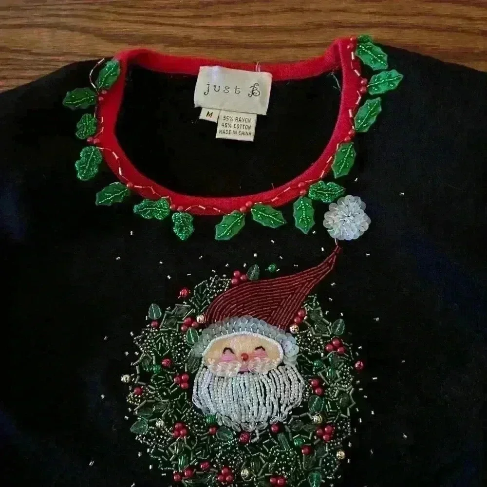 Christmas Sweater Beaded Santa Holly and Jingle Bells Shoulder Pads Size Medium